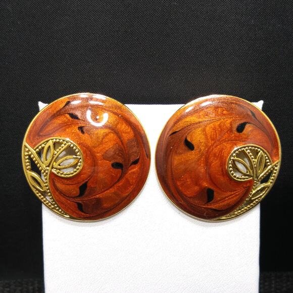 Vintage Berebi Brown Guilloche Enamel Openwork Floral Post Earrings, 1990s - Picture 2 of 10